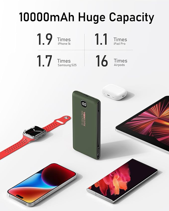 VEEKTOMX Portable Charger with Built in Cables 10000mAh, Power Bank for iPhone with Wall Plug, Travel Essential Fast Charging USB C Slim External Battery Pack for iPhone 17/16/15, Samsung, iPad, etc