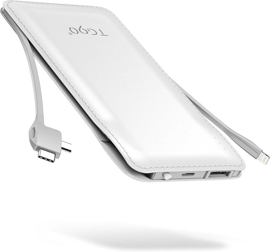 TG90° 10000mAh Power Bank Built-in Cables(No Plug), Pocket Size USB C Portable Charger, 3A Fast Charging External Battery Pack, Travel Essential Phone Powerbank Compatible with iPhone Samsung iPad