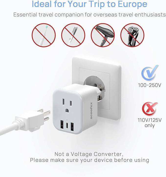 European Travel Plug Adapter - SCOOFEX Foldable Power Plug with 3 USB (1 USB C Port) and 1 AC Outlets Charger for US to Most of Europe - EU France Germany Spain Italy（Type C/L）
