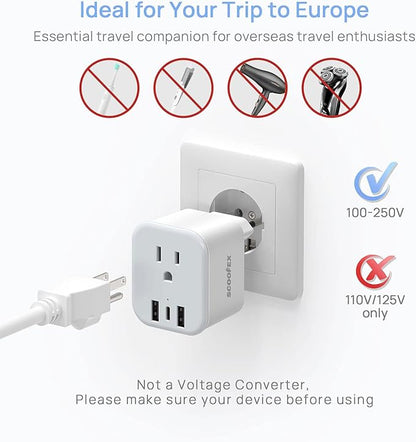 European Travel Plug Adapter - SCOOFEX Foldable Power Plug with 3 USB (1 USB C Port) and 1 AC Outlets Charger for US to Most of Europe - EU France Germany Spain Italy（Type C/L）