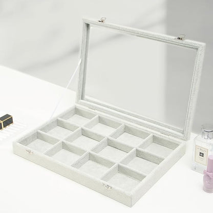 Coward Jewelry Organizer Tray Box, Grey Beige Velvet 12 Grids Bracelet Bangle Necklace Jewelry Display Tray Case with Transparent Glass Lid for Home Desk Drawer or Store Selling Show