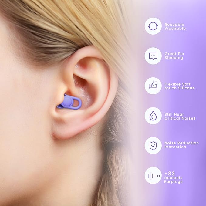 Silicone Ear Plugs for Noise Reduction - Reusable Soft Comfortable Earplugs for Sleeping,Noise Sensitivity & Flights -16 Ear Tips in XS/S/M/L, with 2 Travel Boxes - 33dB Noise Cancelling (Purple)