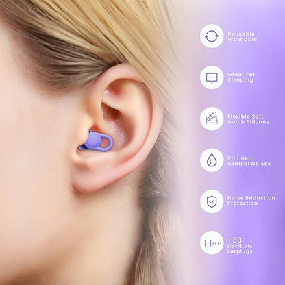 Silicone Ear Plugs for Noise Reduction - Reusable Soft Comfortable Earplugs for Sleeping,Noise Sensitivity & Flights -16 Ear Tips in XS/S/M/L, with 2 Travel Boxes - 33dB Noise Cancelling (Purple)