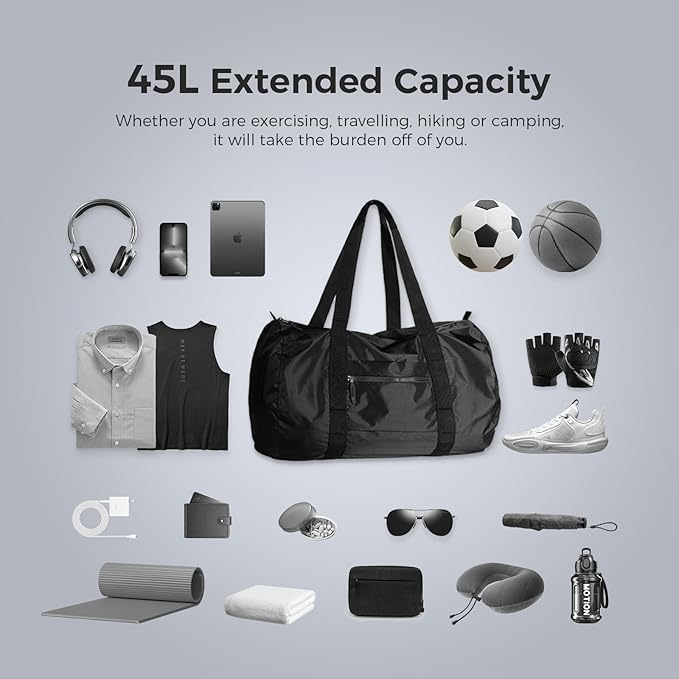 pack all 45L Foldable Duffel Bag, Water-Resistant Sports Gym Bag, Portable Weekender Bag Lightweight for Travel, Fitness and Camping (Black)