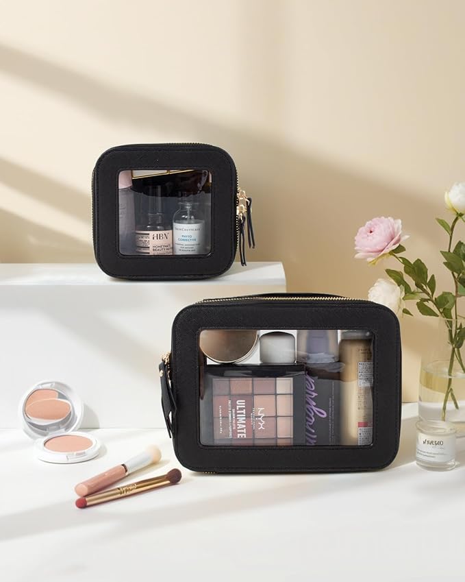 KOTORA Small Makeup Bag for Purse Cute Travel Makeup Bag Clear Cosmetic Bag with Zipper, Car Make Up Bag Organizer Storage Traveling Car Accessories Travel Essentials for Women (Black)