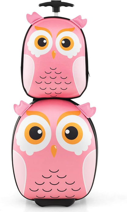 HONEY JOY Kids Luggage, 12” Children Hardshell Backpack & 16” Toddler Travel Rolling Suitcase, 2 Pcs Lightweight Carry On Luggage Set, Kids Luggage with Wheels for Girls & Boys(Pink Owl)
