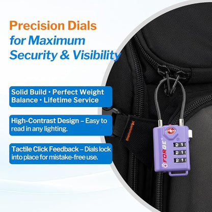 Forge TSA Approved Luggage Locks, Re-settable Combination with Alloy Body, Light Purple 2 PK, for Luggage, Suitcase, Backpack and More.