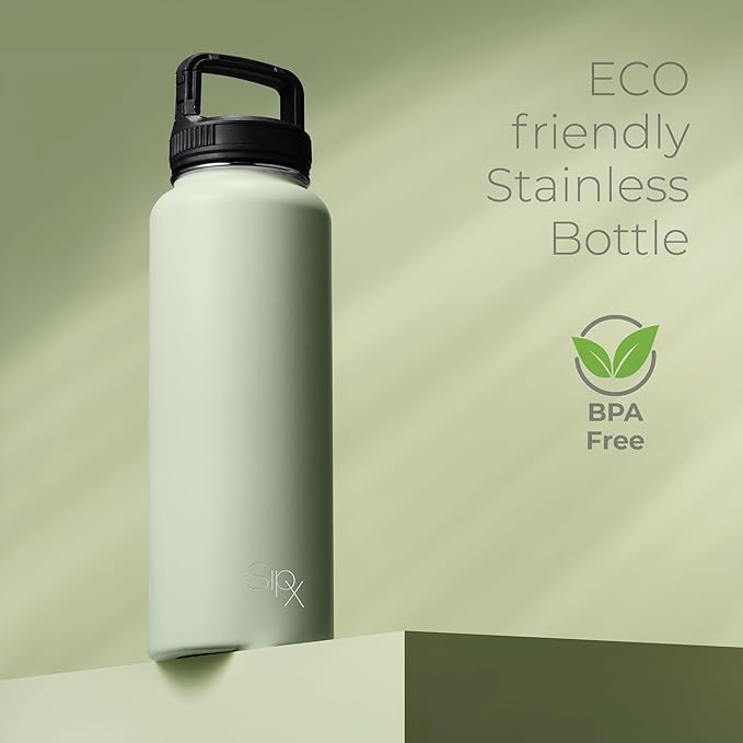 SipX™ Triple-Insulated Stainless Steel Water Bottle 40oz. With 3 Lids, BPA-Free Reusable Insulated Water Bottle Keeps Cold 24 Hours, Metal Water Bottle Made Of Sustainable Material For Hiking & Biking