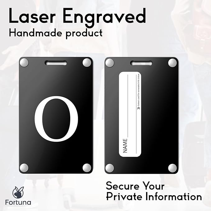 Premium 3-Layer Aluminum Luggage Tags by Fortuna - Easy to Claim, Laser-Engraved, Plastic-Free, and Eco-Friendly Luggage Tag Holders, 2-Pack, Black (O)