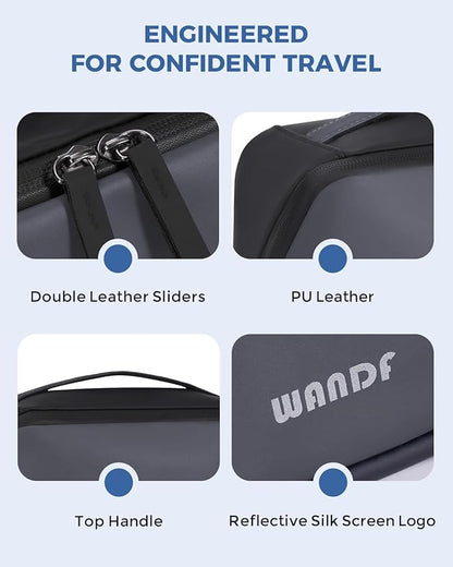 WANDF Toiletry Bag for Men, PU Leather Travel Organizer with Detachable Waterproof Hanging Pouch, Open-Flat Dopp Kit Shaving Bag with Wet Pocket for Travel Toiletries Accessories (Dark Gray)