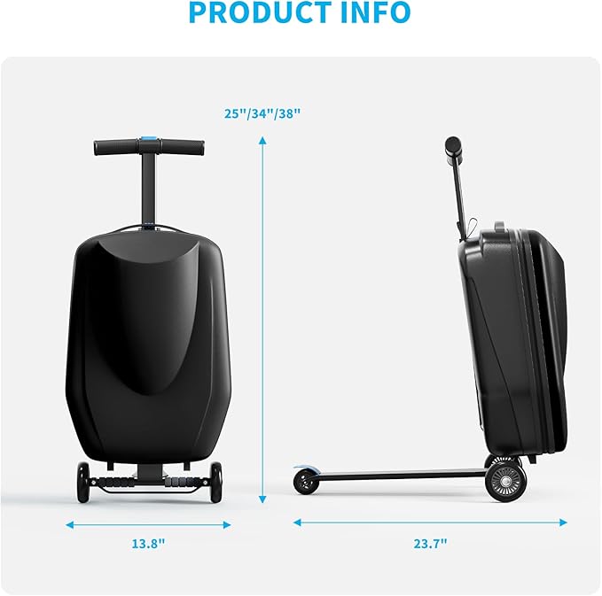 Scooter Hardshell Kids' Luggage, Foldable Carry on Kids Suitcase with Telescopic Handle for Travel, Multifunctional Ride On Lightweight Luggage with Wheels, Light Black