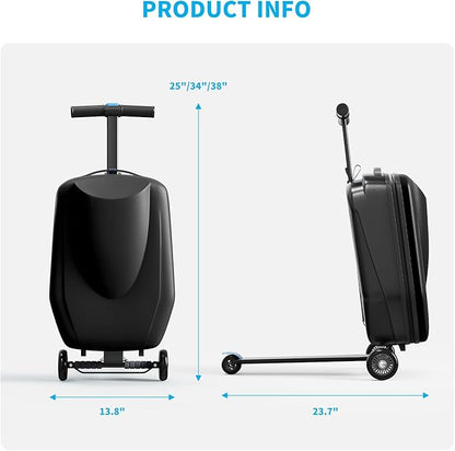 Scooter Hardshell Kids' Luggage, Foldable Carry on Kids Suitcase with Telescopic Handle for Travel, Multifunctional Ride On Lightweight Luggage with Wheels, Light Black