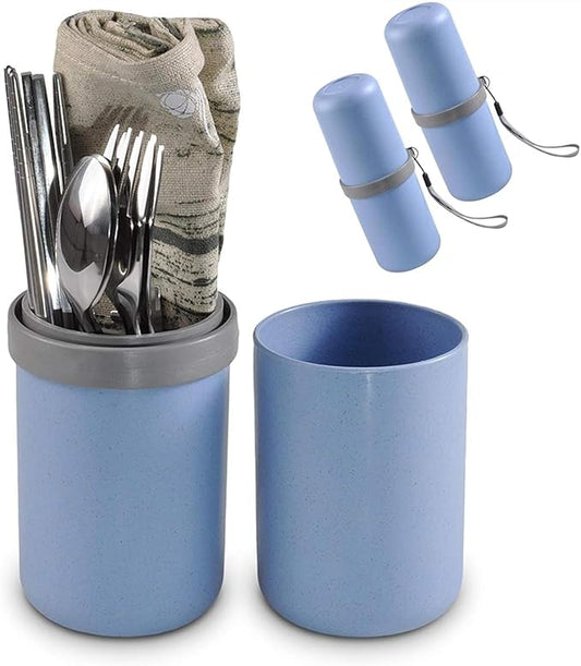 Travel Utensils with Case - Metal Camping Silverware Cutlery Set with Cups - Reusable & Portable Fork Knife Spoon Flatware & Chopsticks for Lunch Box, Backpacking, Mess Kit (2 Cases)