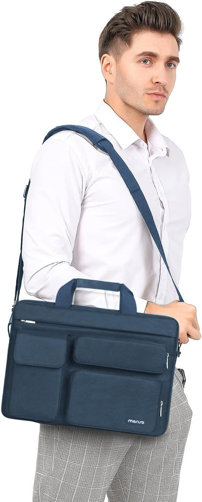 MOSISO Laptop Shoulder Bag 15.6 inch, 15-15.6 inch Computer Bag Compatible with MacBook Pro 16 inch, HP, Dell, Lenovo, Notebook with 2 Raised&1 Flapover&1 Horizontal Pocket&Handle&Belt, Haze Blue
