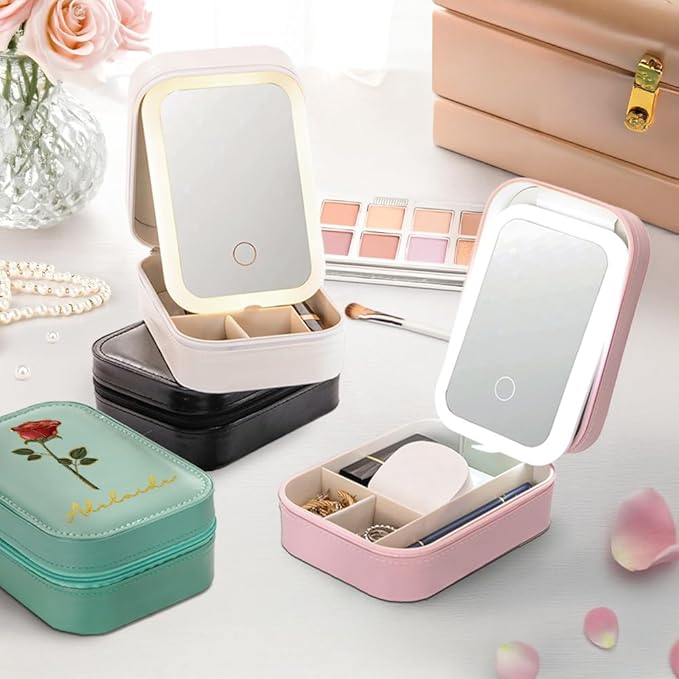 callie Personalized Birth Flower Jewelry Box with Mirror & LED 3 Adjustable Light, Custom Name - Travel Makeup Box Case, Birthday Christmas Gift for Women Girls