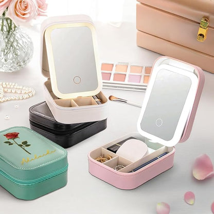 callie Personalized Birth Flower Jewelry Box with Mirror & LED 3 Adjustable Light, Custom Name - Travel Makeup Box Case, Birthday Christmas Gift for Women Girls