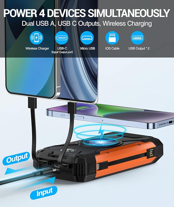 Solar Charger Power Bank -38600mAh Solar Phone Charger Built in 3 Cables Waterproof Outdoor External Battery Pack with 4 Outputs 2 Inputs USB C 15 W Powerbank with Camping Light Compass