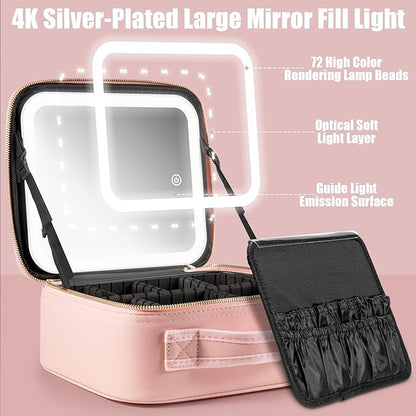 Makeup Travel Train Case with Mirror LED Light 3 Adjustable Brightness Large Cosmetic Bag Portable Storage Adjustable Partition Waterproof Makeup Brushes Make up Jewelry Gift for Women