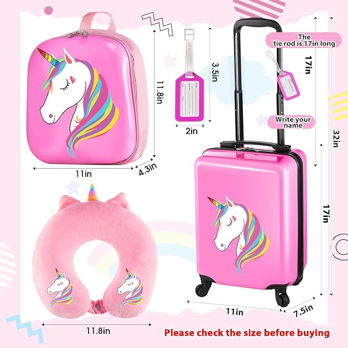 Sanwuta 4 Pcs Kids Luggage Set Backpack Travel Rolling Suitcase U-shape Pillow Christmas Children Gift for Girls Boys(17 Inch,Unicorn Style,Pink)