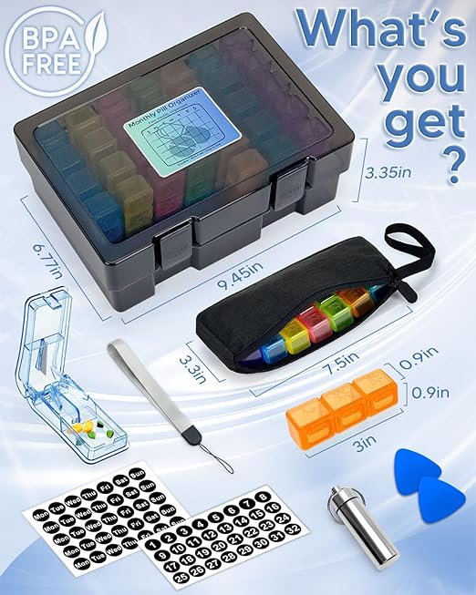 Monthly Pill Organizer 3 Times a Day, FRIWOLE Medicine Box with Portable Weekly Pill Bag, Keychain Pill Case, Pill Cutter and 2 Sticker (Black, 3 Times a Day)