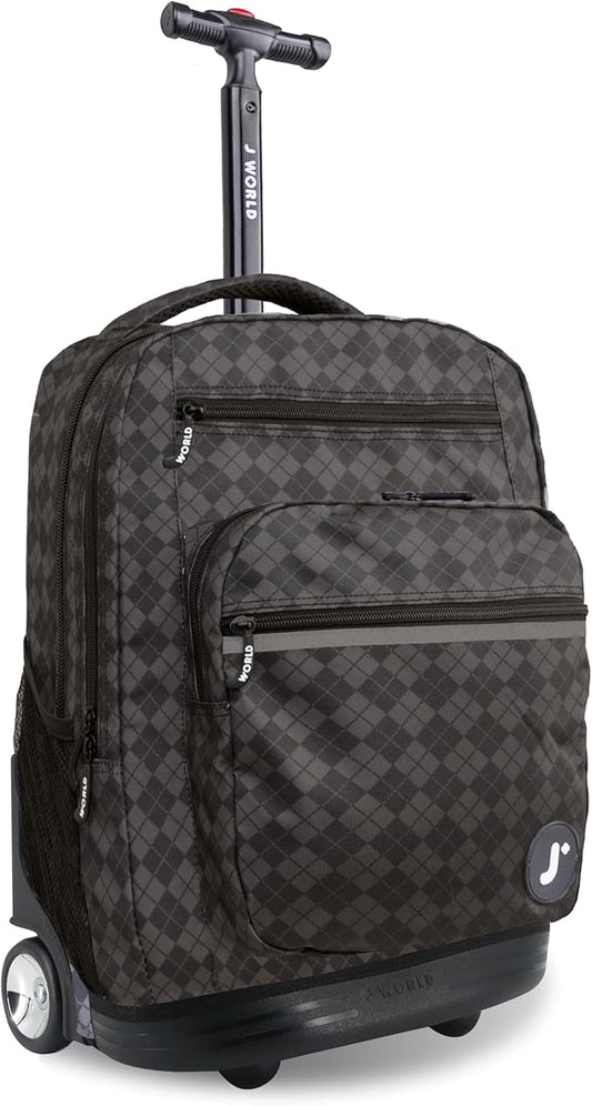 J World Sundance Laptop Rolling Backpack for Girls Boys. Roller Bookbag with Wheels, Argyle Black
