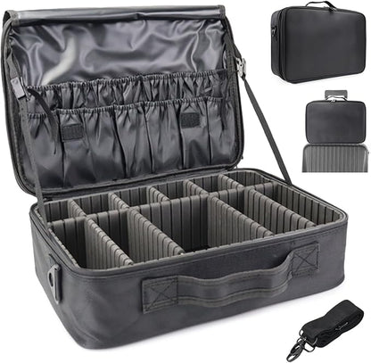 Travel Makeup Case 3 Layers Portable Makeup Train Case Cosmetic Bag Organizer Storage for Women with Adjustable Dividers and Shoulder Strap for Toiletry Travel Accessories(Black,XL)