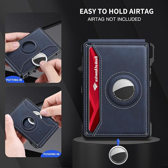 Airtag Wallet for Men, Mens Smart Wallet for Air Tag RFID Blocking, Minimalist Bifold Pop Up Aluminum Credit Card Case Holder 12+ Cards with ID Window, Gift for Men, No Airtag Included, Navy
