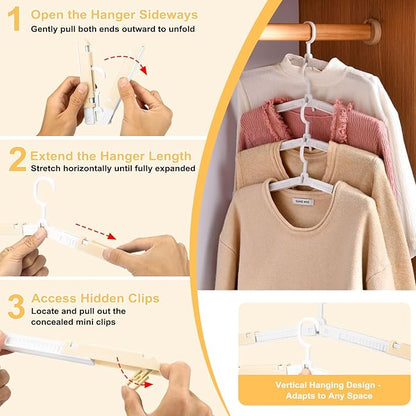 6 Pack Foldable Travel Hangers with Clips & Adjustable Clothesline, Portable Collapsible Hangers with Storage Bag for Suitcase, Hotel, RV, Cruise Essentials Set (Beige)
