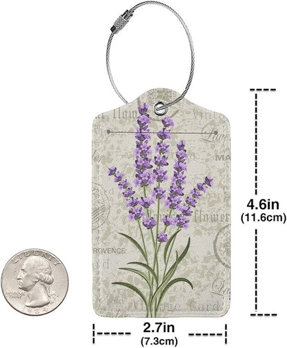 2 Pcs Purple Lavender Luggage Tags for Women Girls Travel, Cute Flower PU Leather Bag Tags Baggage for Suitcases with Stainless Steel Loop & Privacy Name ID Card Cover Identifiers Labels Set