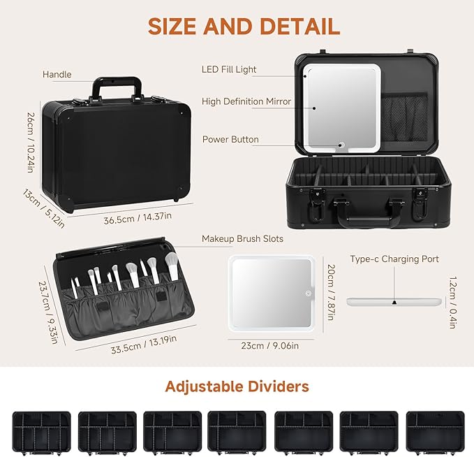 15"x11" Makeup Case with Lighted Mirror & Brush Holder - Waterproof Travel Organizer, Customizable Storage, Rechargeable LED Vanity for Women (black)