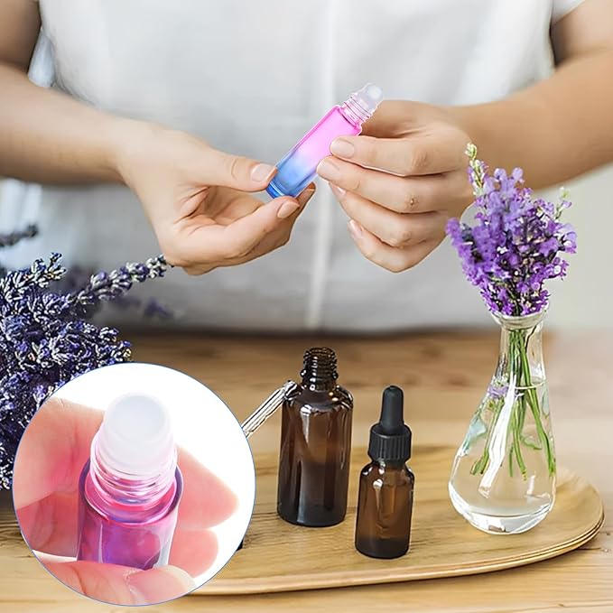 Acrux7 50 PCS 10ml Roller Bottles for Essential Oils, Gradient Color Glass Roll on Bottle Refillable Empty Perfume Roller Bottles with Stainless Steel Ball for Travel, Essential Oils, Perfume