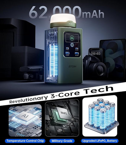 Camping Portable Power Station 198.4Wh (62000mAh), [Top Safety] 100W Fast Charging Power Bank with LiFePO4 Battery, Small Generator with Detachable Light for Travel Home Backup Outdoor Emergency