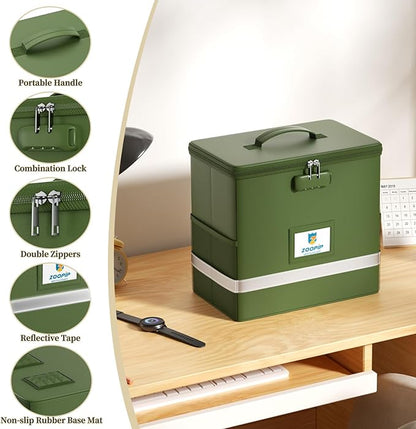 Fireproof File Box with Lock, Document Box Storage Organizer, Suitable for Hanging File Folders in Letter Size, Collapsible File Box, Reflective Strip for Fast Find (12.2"*6"*10.2, Green)