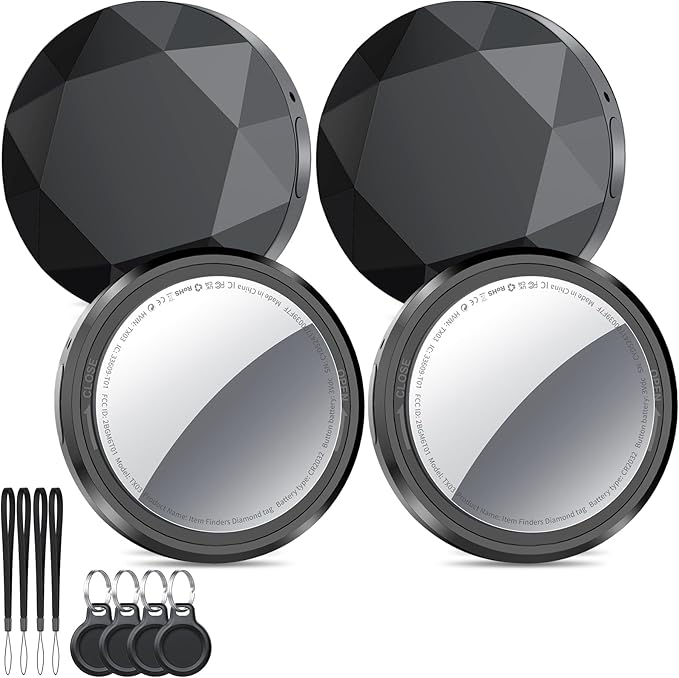 Air Tracker Tags-4 Pack | Bluetooth Tracker Work with Apple Find My (iOS Only), Smart Tag with Protective Case/Keychain/Lanyard, Item Finder for Key/Wallet/Bag, Replaceable Battery, Ink Black