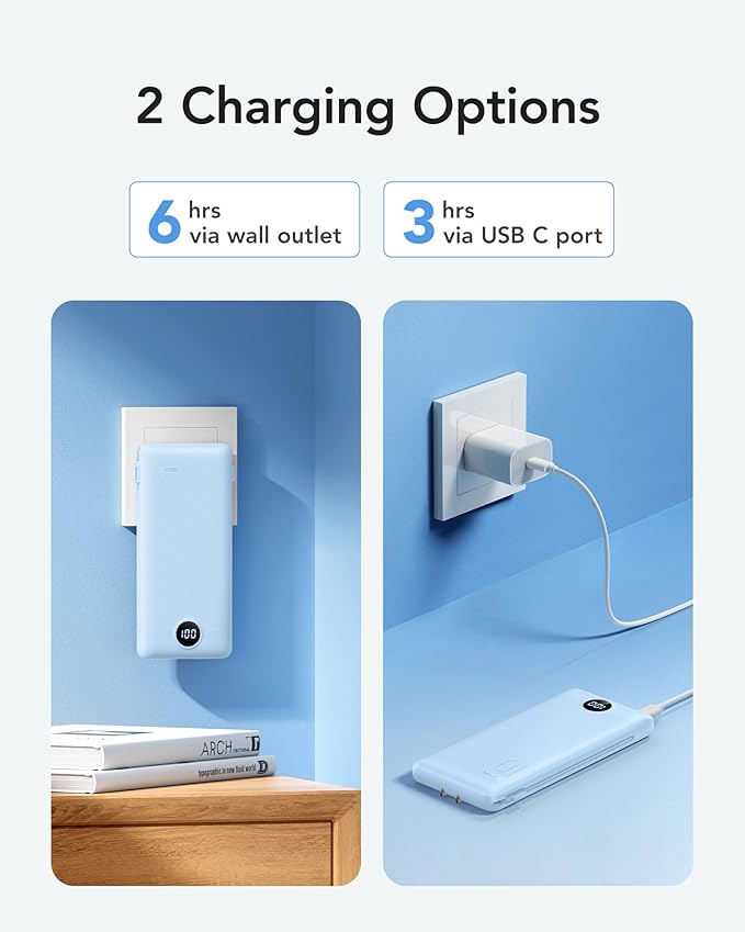 VRURC Portable Charger with Wall Plug and Cables, 10000mAh Power Bank with 22.5W Fast Charging USB Port,4 Outputs Dual Inputs Slim Compact Rechargeable Battery Pack Travel Accessories-Blue(1 Pack)