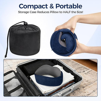 Memory Foam Neck Pillow for Airplane Travel - Ergonomic Support for Long Flights, Car Rides, Office & Home Use - Includes Contoured Eye Mask & Head Support - Adjustable Sizes M-L（Navy）