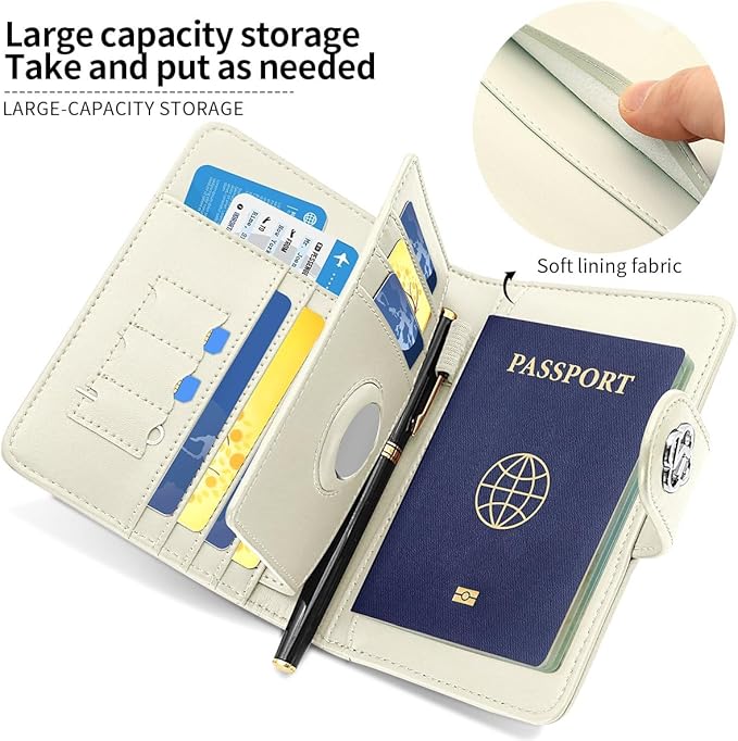 Passport Holder Wallet Bag with AirTag Holder, Card Slots and Passport Solt Ticket Cash Solt, Photo Solt Sim Card Pen Slot.White