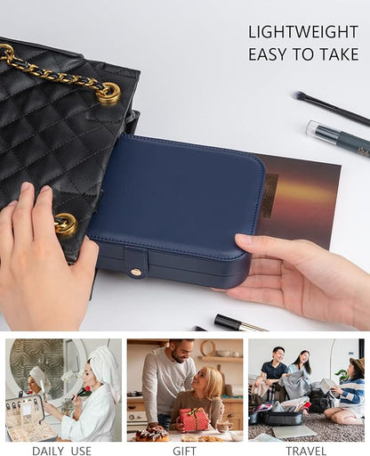 2-Layer Travel Jewelry Box for Women, Portable Jewelry Organizer with Mirror & Removable Dividers, PU Leather Jewelry Case – Gift for Wife, Mom, Girlfriend (Navy Beige)