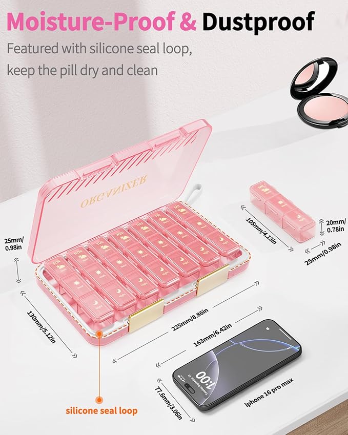 Pill Organizer 3X a Day, Large Weekly Pill Box 7 Day 3 Times a Day, Portable Travel Daily Pill Case Container for Medicine, Vitamin, Fish Oil and Supplement Storage Cute Pink