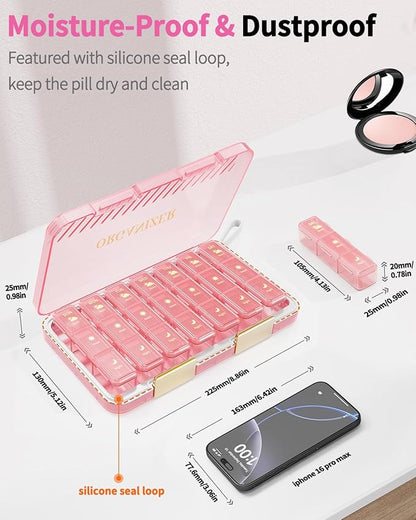 Pill Organizer 3X a Day, Large Weekly Pill Box 7 Day 3 Times a Day, Portable Travel Daily Pill Case Container for Medicine, Vitamin, Fish Oil and Supplement Storage Cute Pink