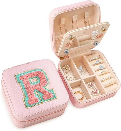 SANDJEST Personalized Jewelry Box, Pink Travel Jewelry Box with Initial R, Small Monogrammed Jewelry Case Organizer for Girls Women Teen Kids, Mini Travel Essentials Gifts for Birthday Christmas