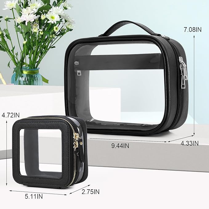 Pinkmik Travel Makeup Bag Set Portable Clear Cosmetic & Toiletry Case Women's Purse Organizer and Car Essentials with Zipper (Black, M+MINI-2)