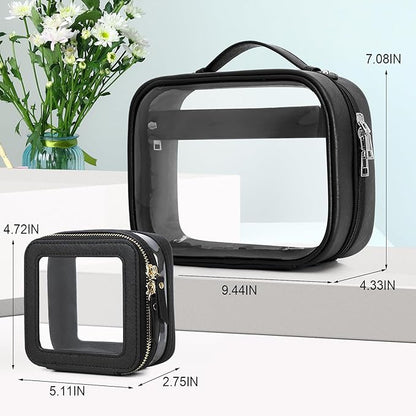 Pinkmik Travel Makeup Bag Set Portable Clear Cosmetic & Toiletry Case Women's Purse Organizer and Car Essentials with Zipper (Black, M+MINI-2)