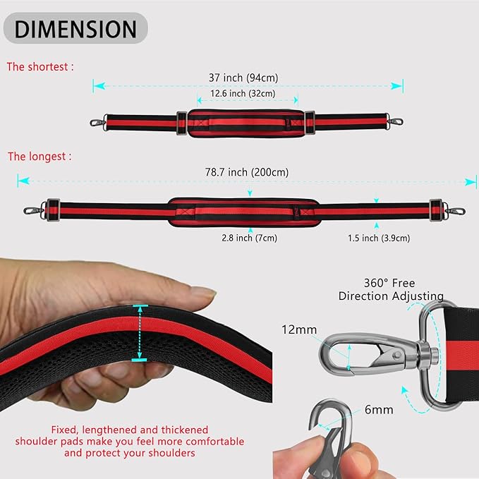 ZINZ 79 inch Shoulder Strap, Extra-thick Fixed Cushion Pad and Dual Clasps Universal Replacement Strap with Metal Swivel Hooks for Laptop Bags, Luggage Bags, Camera, Crossbody(Stripes-BkRBk)