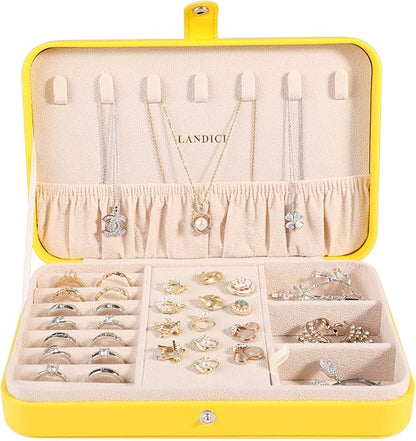 LANDICI Small Jewelry Box for Women Girls, PU Leather Travel Jewelry Organizer Case, Portable Jewellery Storage Holder Display for Ring Earrings Necklace Bracelet Bangle Watch Men Kids Gift, Yellow