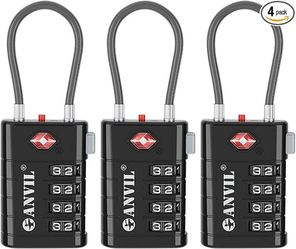 ANVIL 4 Digit Luggage Locks, TSA Locks for Luggage, Advanced TSA008 core, Alert Indicator for Your Travel Lock, Suitcase Lock. (3, Black)