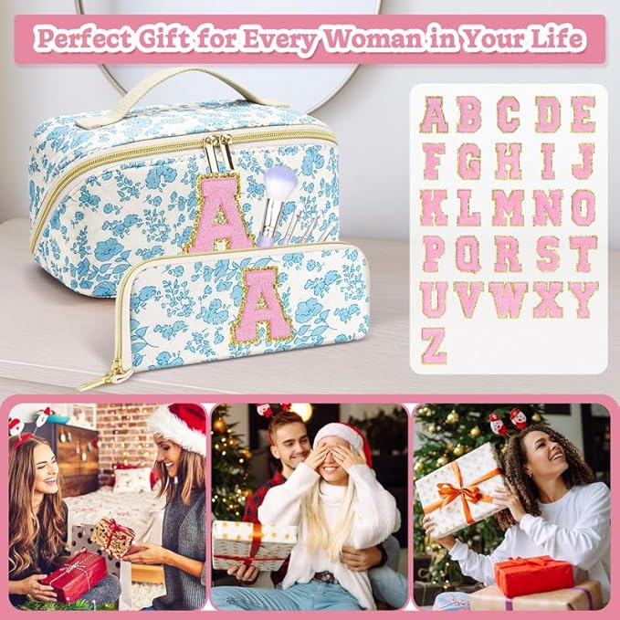 Personalized Travel Makeup Bag Set,Initial Travel Cute Floral Makeup Organizer Bag,Toiletry Skincare Cosmetic Bag,Christmas Gifts for Women/Girls,Open Flat Toiletry Pouch with Brush Pocket-P