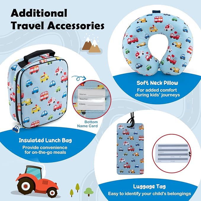 Goplus 5 Piece Kid’s Luggage Set, 16” Carry on Suitcase w/13” Backpack, Neck Pillow, Hardside Spinner Toddler Luggage, Travel Rolling Suitcase for Boys Girls Gifts (Blue, Car)