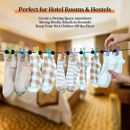 Travel Clothesline Retractable Portable Clothesline with 12 Clips Portable Elastic Camping Clothes Line with Anti-Slip Beads & Stainless Hooks for Hotel, RV, Boat, Outdoor Use (2 Pack)