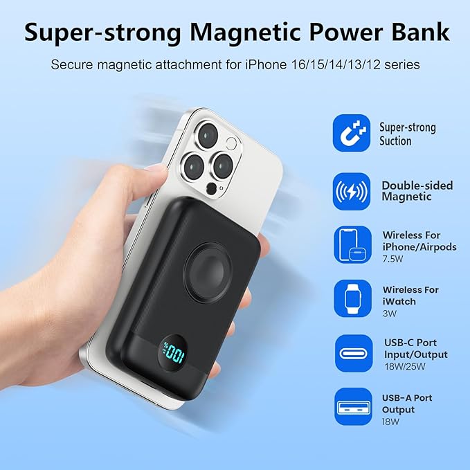 Magnetic Portable Charger for iPhone & Apple Watch,10800mAh 25W PD QC4.0 Fast Charging USB C Power Bank,4 Output Dual-Side Magnet Travel Essentials Battery Pack for iPhone 17/Air/16/15/14/13/12 Series